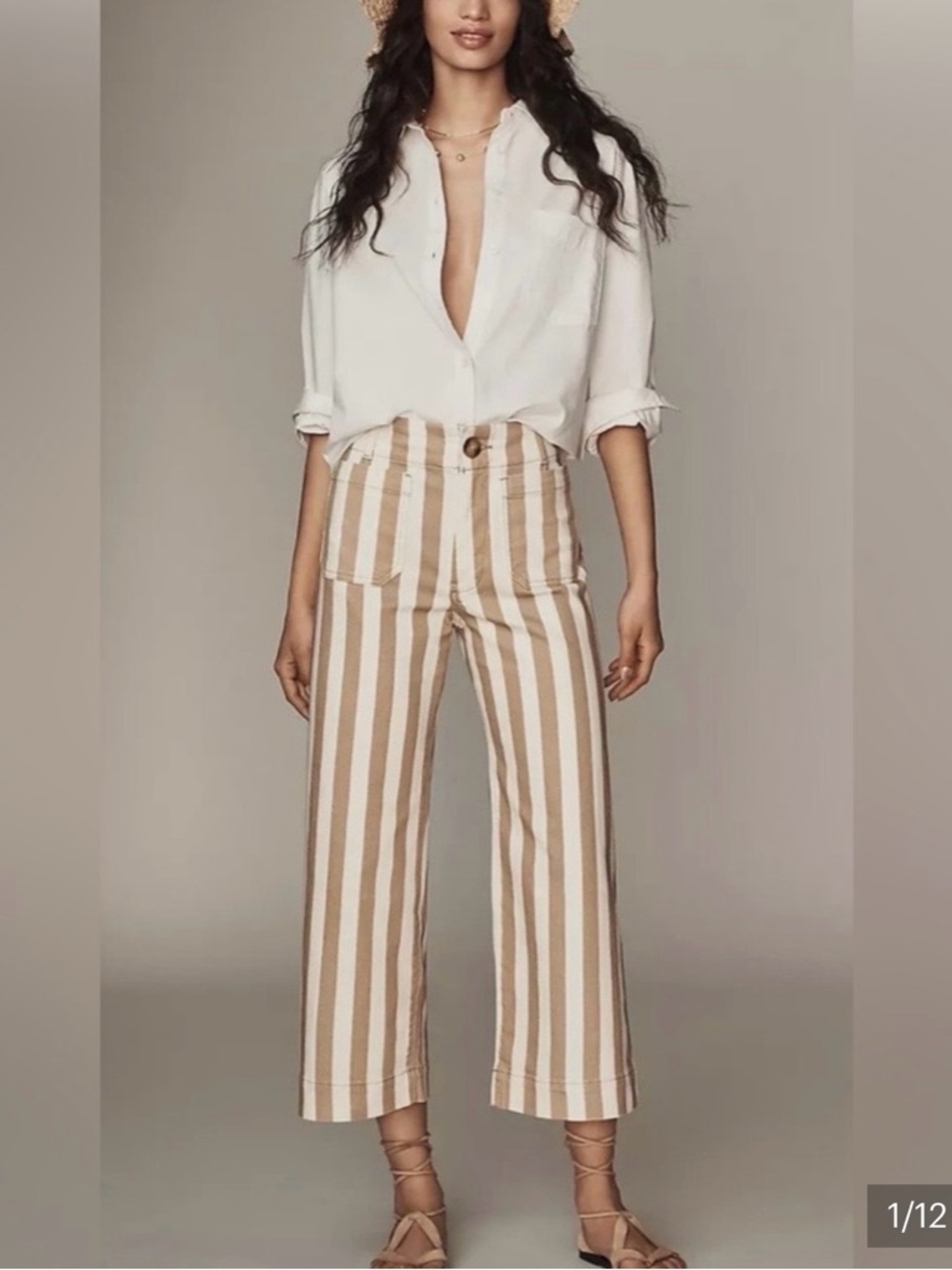 Rare! Maeve Colette Vertical Stripe Cropped Wide-Leg Pants in Tan & White
